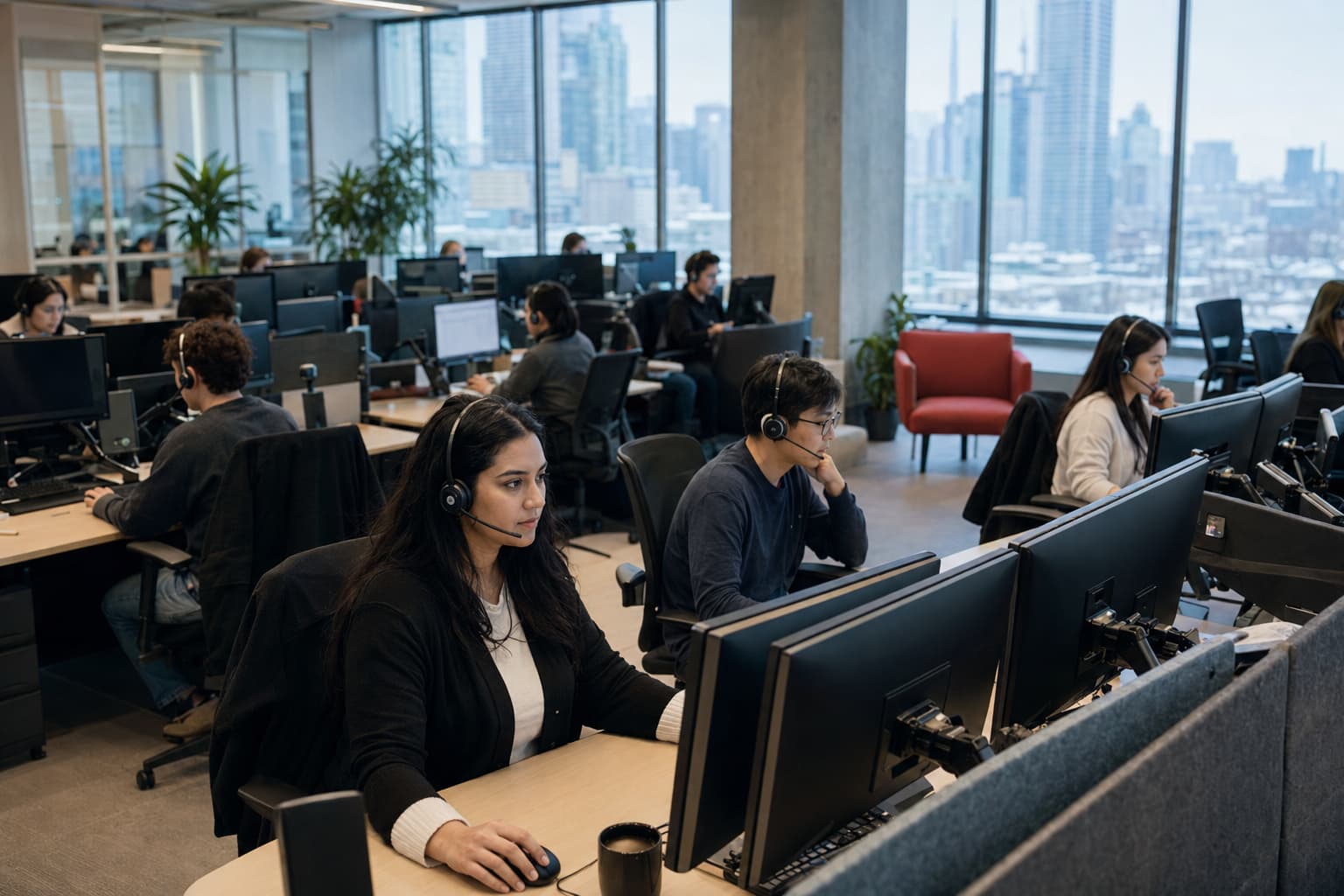 A bilingual Corpshore Canada operations floor in Toronto in winter daylight